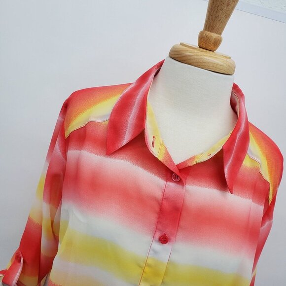 ALYX Womens Button Up Colorful Striped Sheer Blouse Top Size L Roll Tab Sleeve - Picture 5 of 13